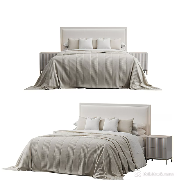 Modern Double Bed with Upholstered Headboard Textured Bedspread Multiple Pillows and Sleek Nightstands 3d model