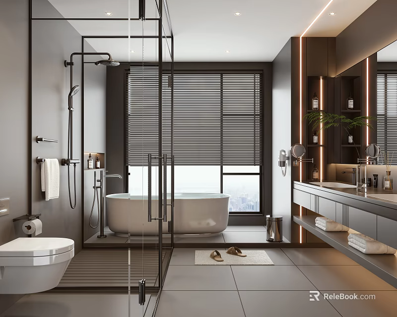 Modern Bathroom Design With Glass Shower Freestanding Bathtub Double Sink Vanity And Large Window Blinds 3d model 