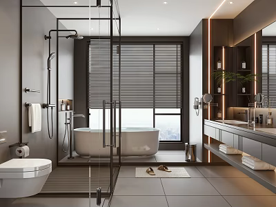 Modern Bathroom Design With Glass Shower Freestanding Bathtub Double Sink Vanity And Large Window Blinds 3d model