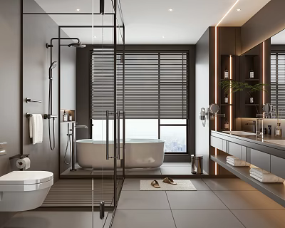 Modern Bathroom Design With Glass Shower Freestanding Bathtub Double Sink Vanity And Large Window Blinds 3d model