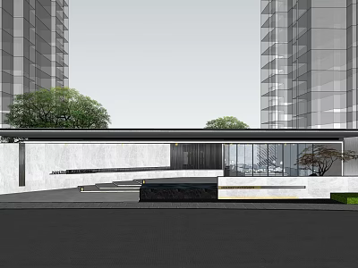 Modern Entrance Gate With White Wall Glass Elements And Green Trees Near High Rise Buildings 3d model