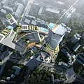 Modern Twin Tower Office Building Connected by Sky Bridge in Urban Setting With Greenery