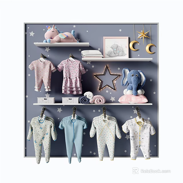 Hangers Holding Baby Clothes on Gray Wall with Star Moon Decor and Toys 3d model 