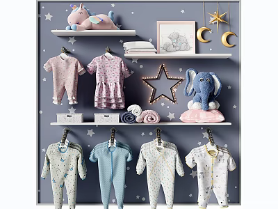 Hangers Holding Baby Clothes on Gray Wall with Star Moon Decor and Toys 3d model