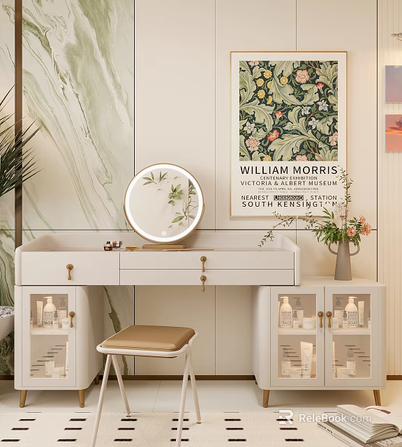 White Dressing Table With Round Mirror Beige Stool Potted Plant And Decorative Painting 3d model 