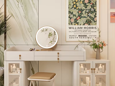White Dressing Table With Round Mirror Beige Stool Potted Plant And Decorative Painting 3d model