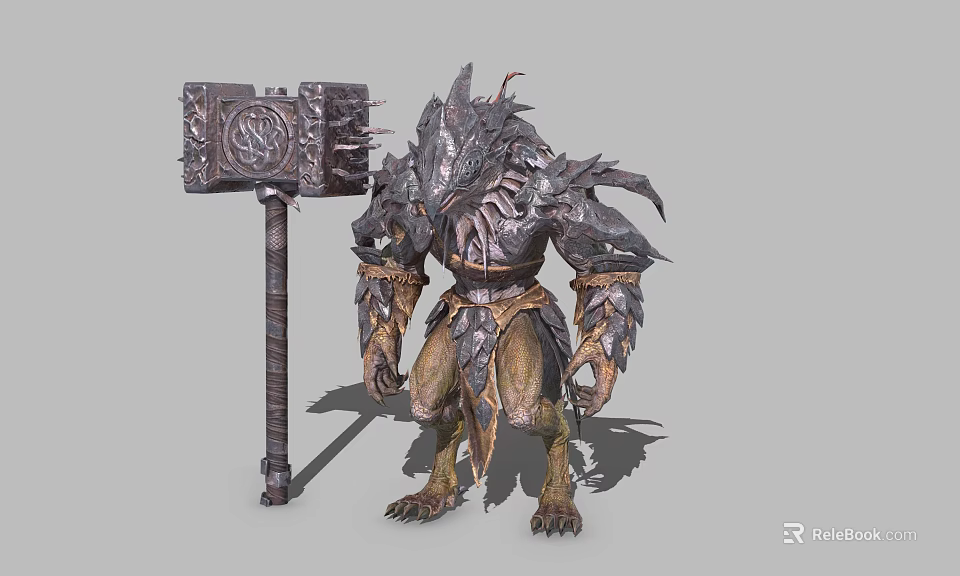 Fantasy Game and Movie Character With Spiked Armor And Giant Hammer 3d model 