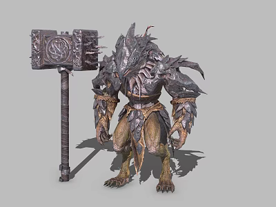 Fantasy Game and Movie Character With Spiked Armor And Giant Hammer 3d model