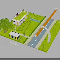 Modern Miniature Scene With Green Roof Building Swimming Pool And Trees