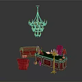 Elegant Office Desk with Green Top Red Sofa Red Chair Gold Chandelier and Wine Glasses