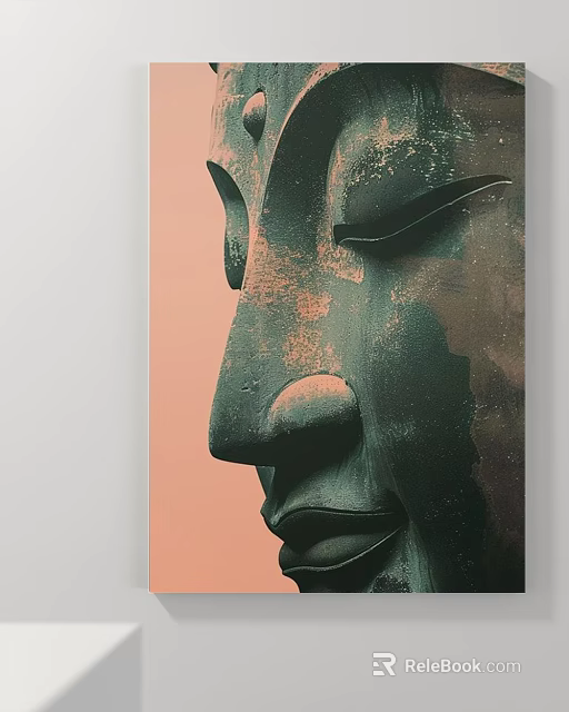 Buddha Face Portrait Painting With Green Hue Pink Background And Weathered Gold Texture 3d model 