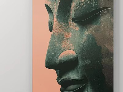 Buddha Face Portrait Painting With Green Hue Pink Background And Weathered Gold Texture 3d model
