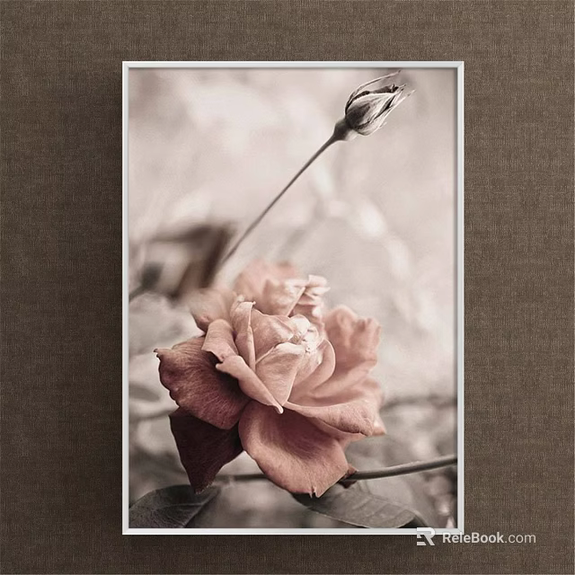 Botanical Painting Featuring Pink Rose And Flower Bud With Soft Background And Vintage Tone 3d model 