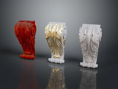 Three Ornamental Carved Columns In Red Gold And White Colors 3d model