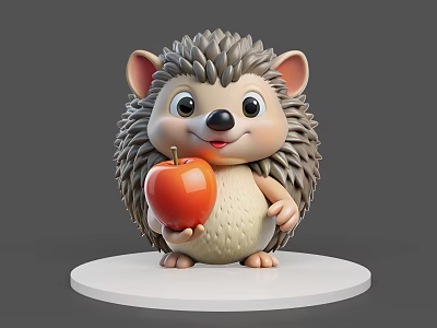 Cute Reptile 3D Figure Holding Red Apple On White Circular Platform Model 3d model