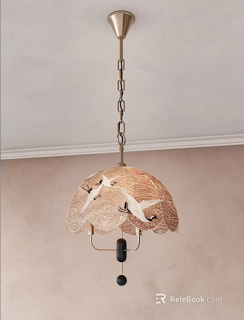Elegant Chandelier With Beige Shade Featuring Crane Patterns And Metal Chain 3d model