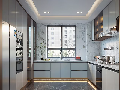 Modern Kitchen Interior Design With Marble Countertop Cabinets Large Window And Appliances 3d model