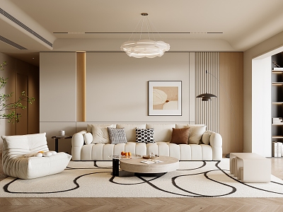 Modern Cream Style Living Room Sofa Coffee Table Combination Fabric Sofa Hanging Painting Chandelier Single Sofa Balcony Floor Lamp Stool 3d model