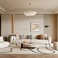 Modern Cream Style Living Room Sofa Coffee Table Combination Fabric Sofa Hanging Painting Chandelier Single Sofa Balcony Floor Lamp Stool 3d model