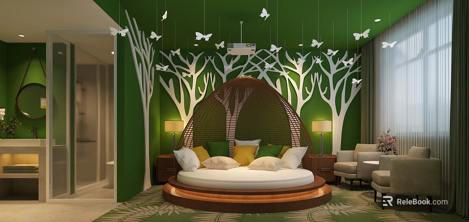 Hotel Room With Green Walls White Tree Patterns Butterfly Decorations Round Rattan Bed Colorful Pillows 3d model 
