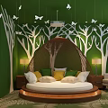 Hotel Room With Green Walls White Tree Patterns Butterfly Decorations Round Rattan Bed Colorful Pillows
