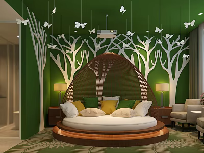 Hotel Room With Green Walls White Tree Patterns Butterfly Decorations Round Rattan Bed Colorful Pillows 3d model