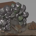 Detailed Rustic Themed Scene Setup With Rock Formation Wooden Tables Logs And Tower Structure