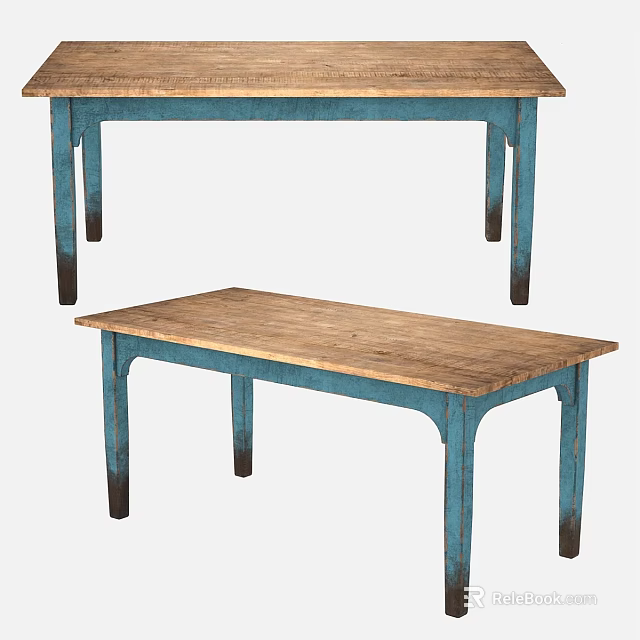 Pair of Rustic Dining Tables With Wooden Top And Blue Distressed Legs 3d model 