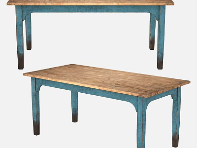 Pair of Rustic Dining Tables With Wooden Top And Blue Distressed Legs 3d model