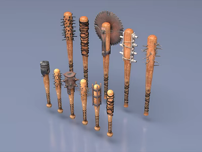 Wooden Club Weapons With Various Heads Spiked Saw Blade And Metal Accents 3d model