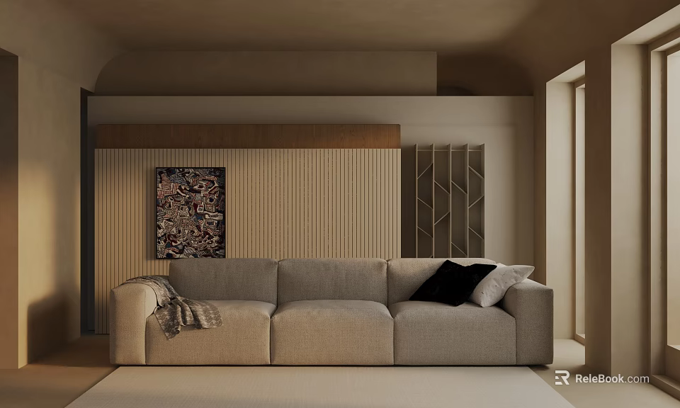 Three Seater Beige Sofa With Soft Texture Black Pillow And Decorative Art On Striped Wall 3d model 