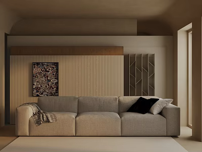 Three Seater Beige Sofa With Soft Texture Black Pillow And Decorative Art On Striped Wall 3d model