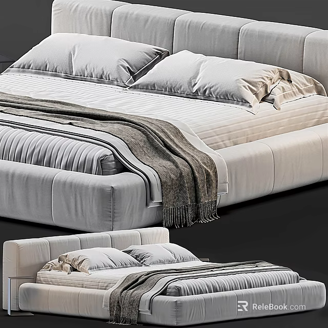 Modern Double Bed With Upholstered Headboard Soft Pillows And Striped Bedding With Knitted Blanket 3d model 