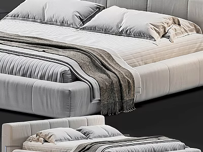 Modern Double Bed With Upholstered Headboard Soft Pillows And Striped Bedding With Knitted Blanket 3d model