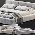 Modern Double Bed With Upholstered Headboard Soft Pillows And Striped Bedding With Knitted Blanket