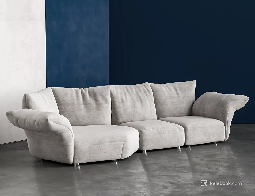 Modern Sectional Sofa Interior With Light Gray Fabric And Dark Blue Wall And Concrete Floor 3d model 