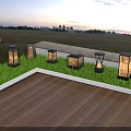 Various Outdoor Lights Illuminating Wooden Deck And Grass In Evening Scenic View