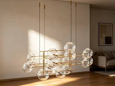 Modern Living Room Chandelier With Warm Light Transparent Glass Globes And Golden Metal Frame 3d model