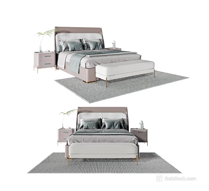Modern Upholstered Double Bed With Bedside Tables Bed Bench And Decorative Pillows On Patterned Rug 3d model