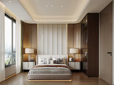 Modern Bedroom Interior Design With Large Bed Wooden Bedhead Wall Nightstands Table Lamps And Wardrobe 3d model