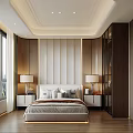 Modern Bedroom Interior Design With Large Bed Wooden Bedhead Wall Nightstands Table Lamps And Wardrobe