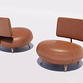 Modern Brown Leather Single Sofa with Round Shape and Wooden Legs Design 3d model