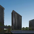 Modern High Rise Residential Building With Swimming Pool Cherry Blossom Trees And Blue Sky