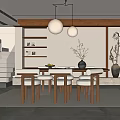 Minimalist Restaurant Interior With Wooden Dining Table White Chairs Hanging Pendant Lights And Decorative Shelves