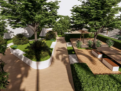Garden Landscape Design With Lush Trees Trimmed Shrubs Lawn Pathway And Benches 3d model