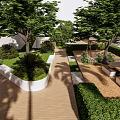 Garden Landscape Design With Lush Trees Trimmed Shrubs Lawn Pathway And Benches
