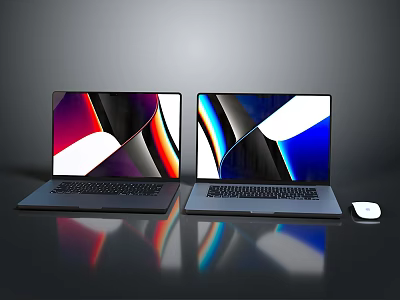 Sleek Modern Laptops With Colorful Screens And Wireless Mouse On Reflective Surface 3d model