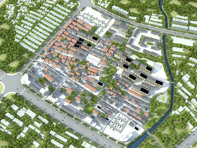 Aerial Planning of Urban Community with Residential Layout Road Networks Green Spaces and Water Channels 3d model