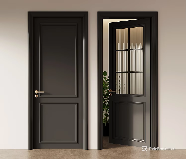 Dark Colored Hinged Doors With Glass Panel Golden Handle And Plant In Indoor Setting 3d model 