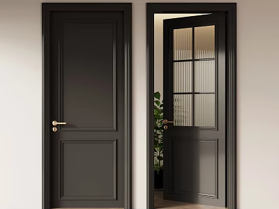 Dark Colored Hinged Doors With Glass Panel Golden Handle And Plant In Indoor Setting 3d model